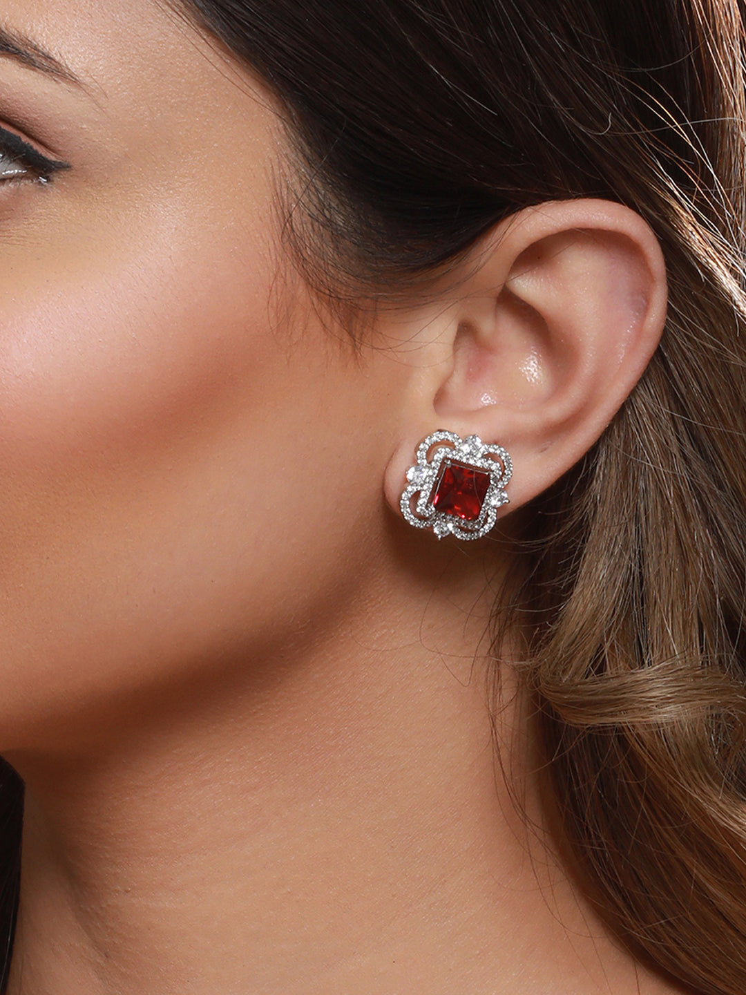 Silver Plated Red AD Studded Minimal Studs Earrings